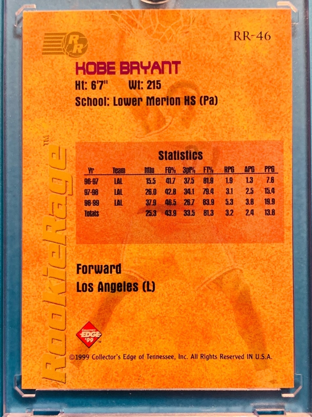 KOBE BRYANT GOLD ‘ROOKIE RAGE’ BASKETBALL CARD - LOS ANGELES LAKERS - Picture 2 of 3